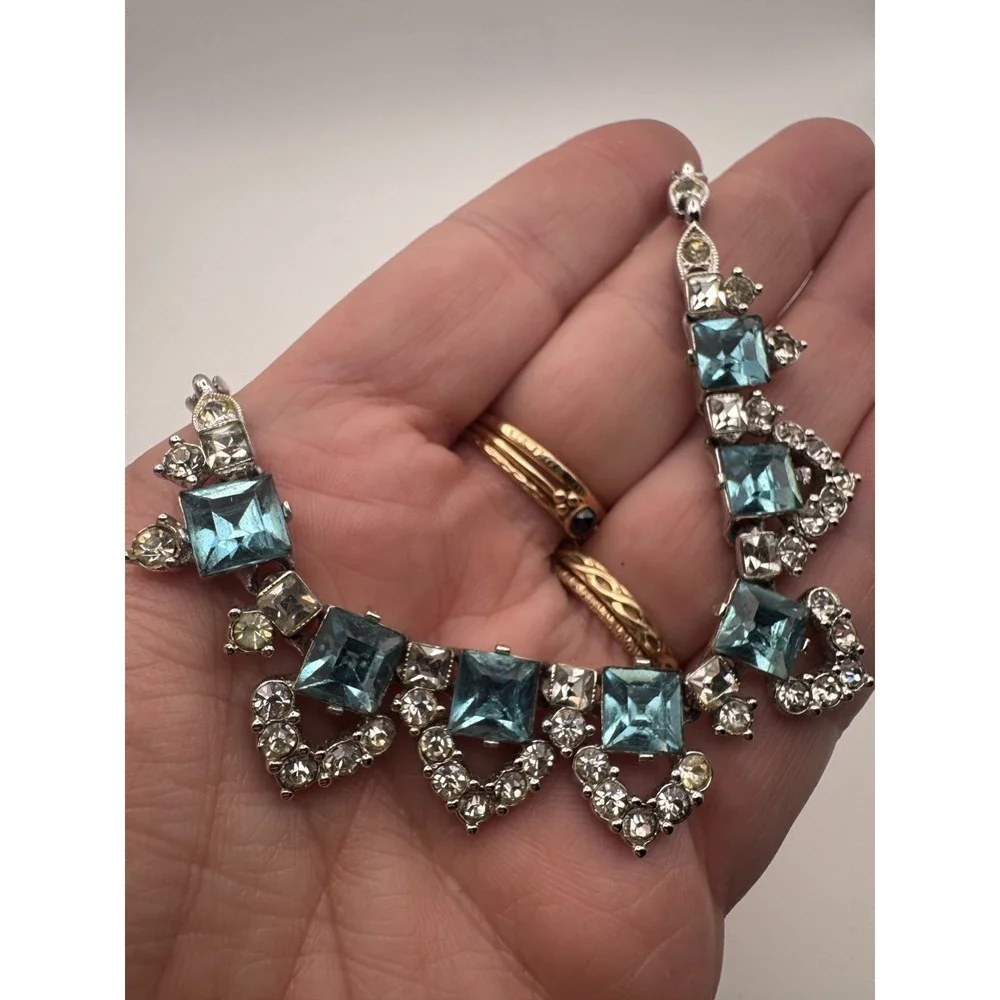 Vintage BOGOFF Necklace Blue Rhinestone Silver Tone MCM Aqua Teal